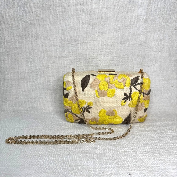 KAYU Nara Embroidered Straw Clutch Yellow Floral with Gold Chain - Picture 6 of 7